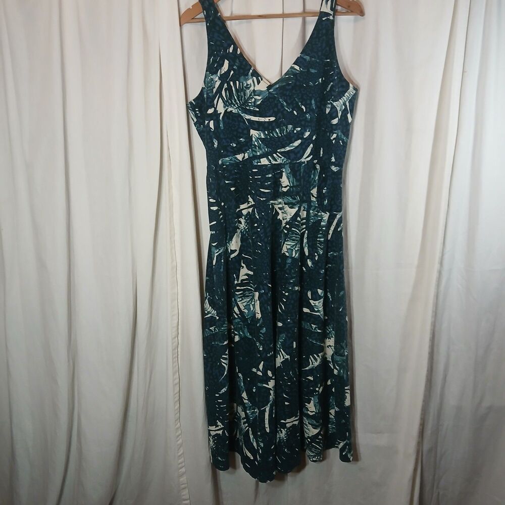 Chaps Ralph Lauren Blue Tropical Boho Maxi Dress LG V-Neck Cotton Knit